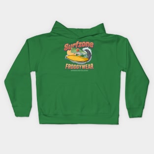 Cute and Funny red eyed tree frog surfing using froggy wear amphibian surf attire tee Kids Hoodie